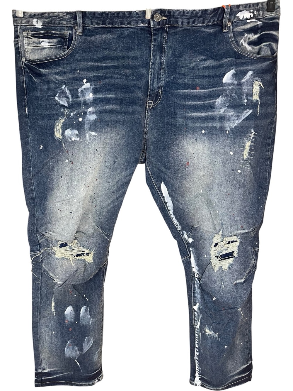 Smoke Rise Distressed Paint-Splatter Straight Slim Super Stretch Jeans Blue